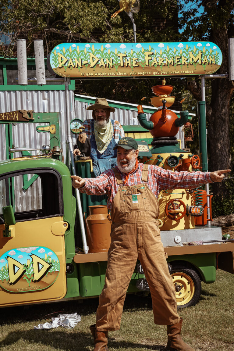 Dan-Dan the Farmer Man is pointing to the left and right sides